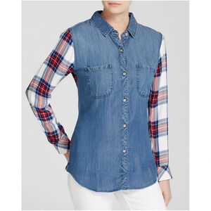 Rails Harper Denim Plaid Button Down Shirt Blue Red Chambray Relaxed Blouse XS